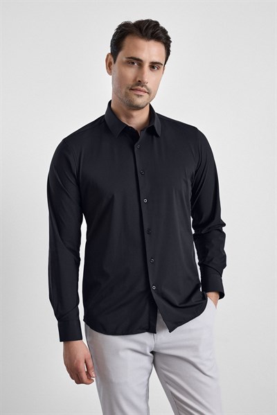 Siyah Slim Klasik Yaka Düz Uzun Kollu Casual Gömlek