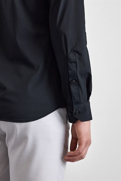 Siyah Slim Klasik Yaka Düz Uzun Kollu Casual Gömlek