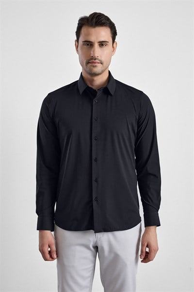 Siyah Slim Klasik Yaka Düz Uzun Kollu Casual Gömlek