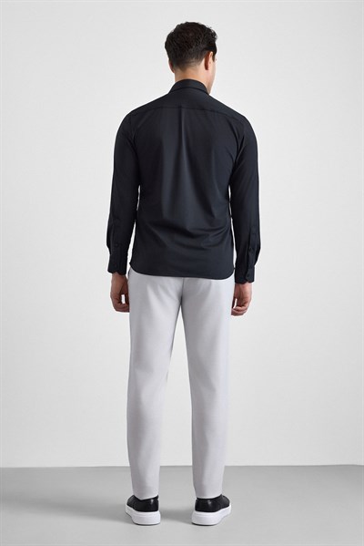 Siyah Slim Klasik Yaka Düz Uzun Kollu Casual Gömlek