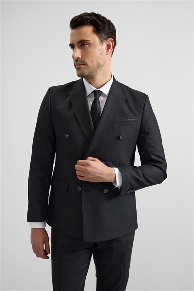 Siyah Slim Kruvaze Yaka 6 Drop Takım Elbise