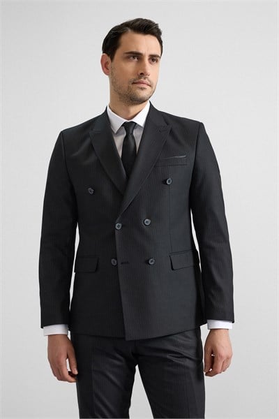 Siyah Slim Kruvaze Yaka 6 Drop Takım Elbise
