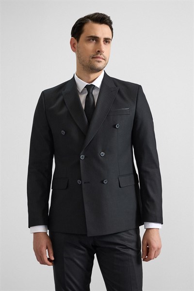 Siyah Slim Kruvaze Yaka 6 Drop Takım Elbise