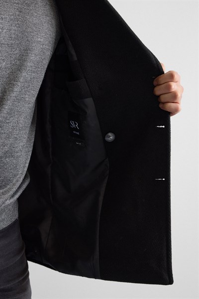 Siyah Slim Kruvaze Yaka Cepsiz Kaban