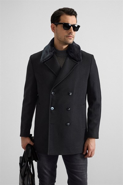 Siyah Slim Kruvaze Yaka Cepsiz Kaban