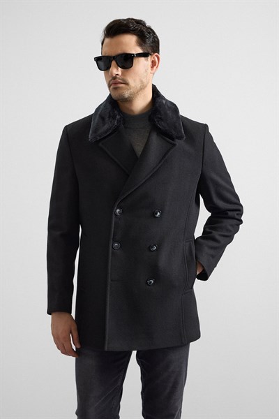 Siyah Slim Kruvaze Yaka Cepsiz Kaban