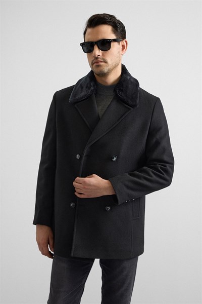 Siyah Slim Kruvaze Yaka Cepsiz Kaban