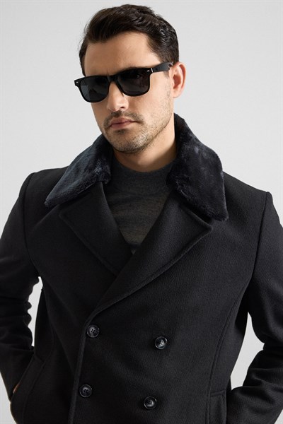 Siyah Slim Kruvaze Yaka Cepsiz Kaban