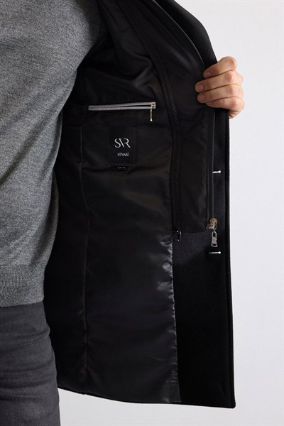 Siyah Slim Kruvaze Yaka Düz Yan Cepli Düğmeli Dolgusuz Standart Kaban