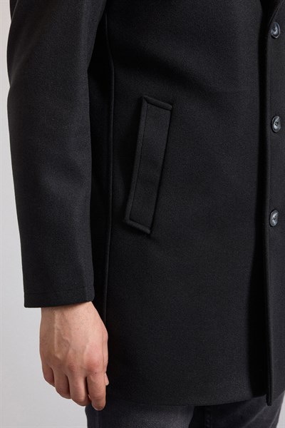 Siyah Slim Kruvaze Yaka Düz Yan Cepli Düğmeli Dolgusuz Standart Kaban