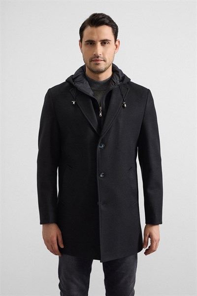 Siyah Slim Kruvaze Yaka Düz Yan Cepli Düğmeli Dolgusuz Standart Kaban