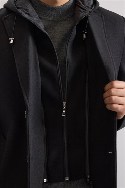 Siyah Slim Kruvaze Yaka Düz Yan Cepli Düğmeli Dolgusuz Standart Kaban