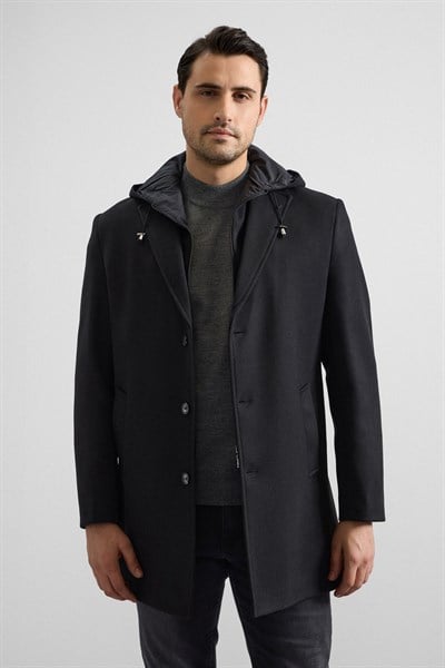 Siyah Slim Kruvaze Yaka Düz Yan Cepli Düğmeli Dolgusuz Standart Kaban