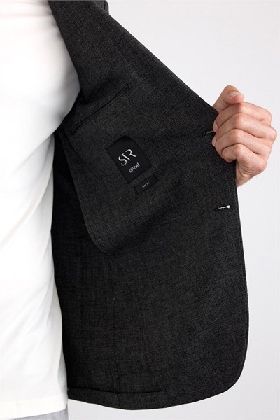 Siyah Slim Mono Yaka Düz Saten Torba Cep Standart 6 Drop Klasik Ceket
