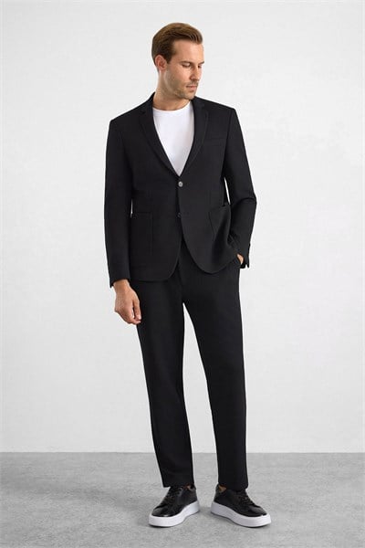 Siyah Slim Mono Yaka Düz Torba Cep 6 Drop Takım Elbise