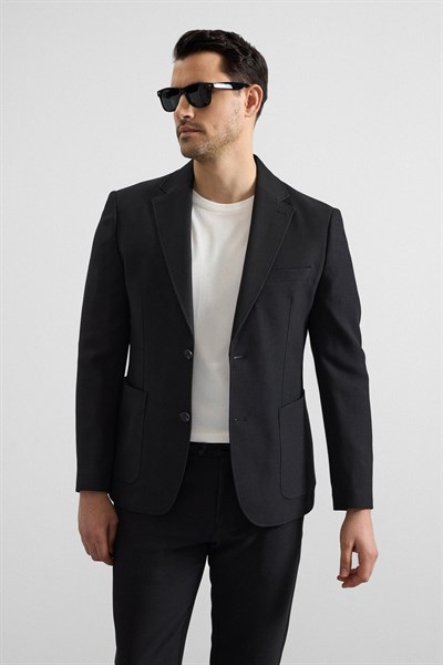 Siyah Slim Mono Yaka Düz Torba Cep 6 Drop Spor Takım Elbise