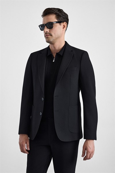 Siyah Slim Mono Yaka Düz Torba Cep 6 Drop Takım Elbise