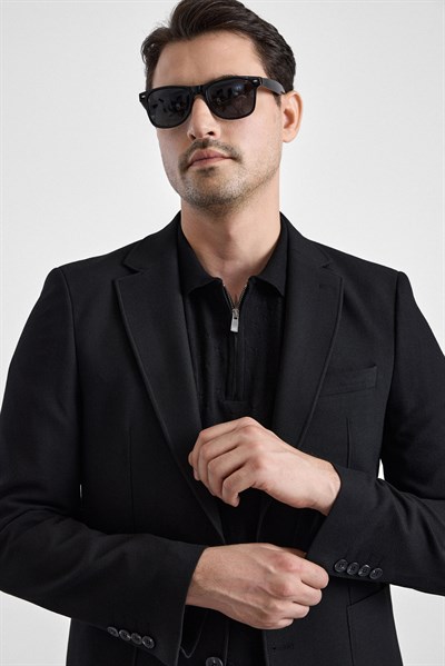 Siyah Slim Mono Yaka Düz Torba Cep 6 Drop Takım Elbise