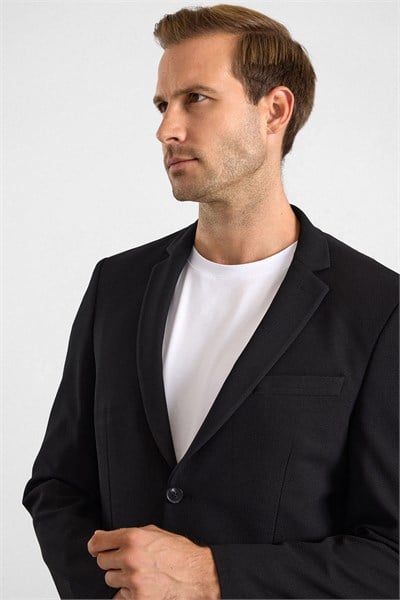 Siyah Slim Mono Yaka Düz Torba Cep 6 Drop Takım Elbise