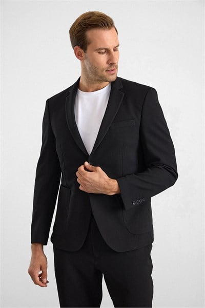 Siyah Slim Mono Yaka Düz Torba Cep 6 Drop Takım Elbise