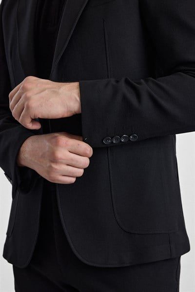 Siyah Slim Mono Yaka Düz Torba Cep 6 Drop Takım Elbise