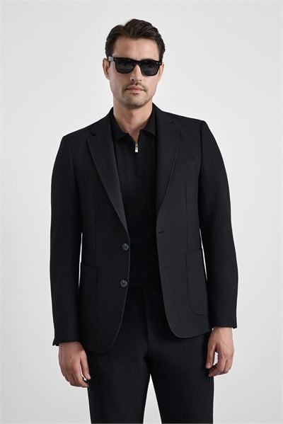Siyah Slim Mono Yaka Düz Torba Cep 6 Drop Takım Elbise