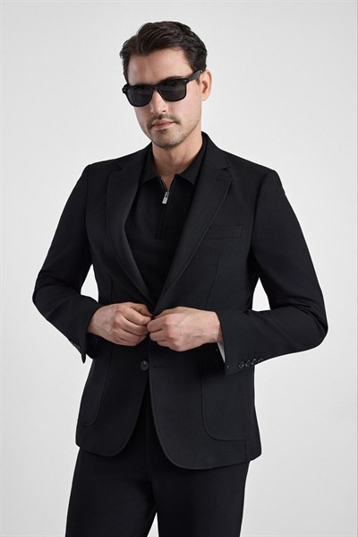 Siyah Slim Mono Yaka Düz Torba Cep 6 Drop Takım Elbise