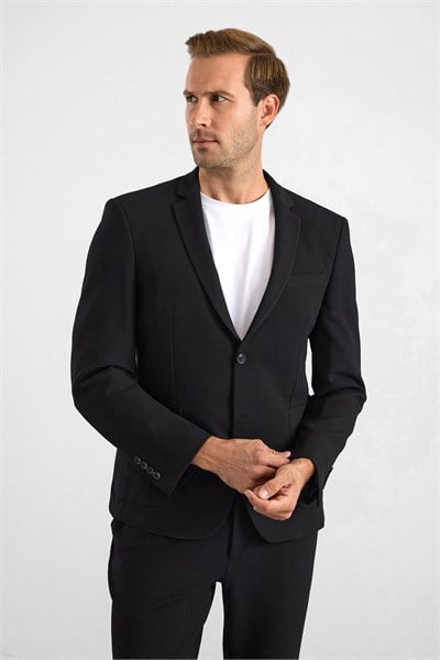 Siyah Slim Mono Yaka Düz Torba Cep 6 Drop Takım Elbise