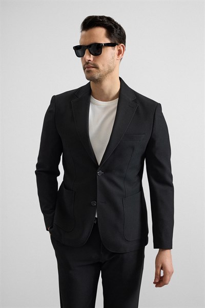 Siyah Slim Mono Yaka Düz Torba Cep 6 Drop Spor Takım Elbise