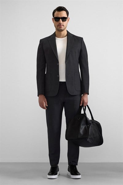 Siyah Slim Mono Yaka Düz Torba Cep 6 Drop Spor Takım Elbise