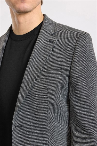 Siyah Slim Sivri Yaka Düz Pike Torba Cep Yıkamalı 6 Drop Klasik Ceket