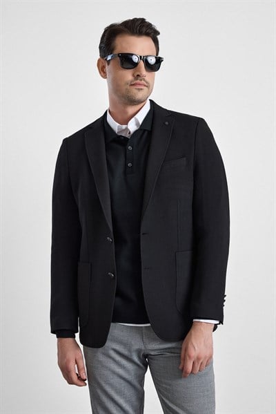 Siyah Slim Sivri Yaka Torba Cep 6 Drop Klasik Ceket
