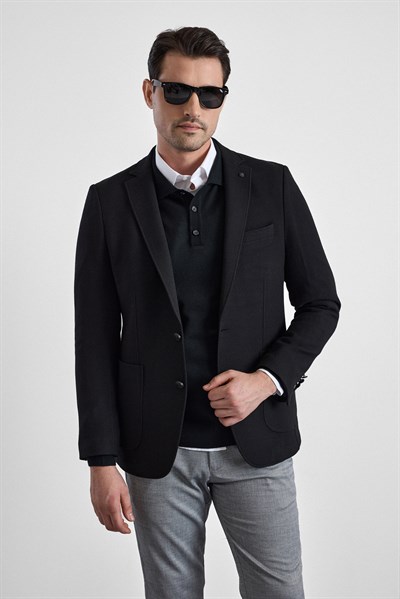 Siyah Slim Sivri Yaka Torba Cep 6 Drop Klasik Ceket