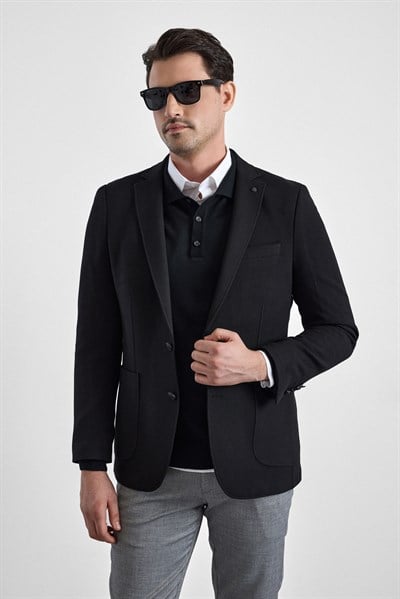 Siyah Slim Sivri Yaka Torba Cep 6 Drop Klasik Ceket