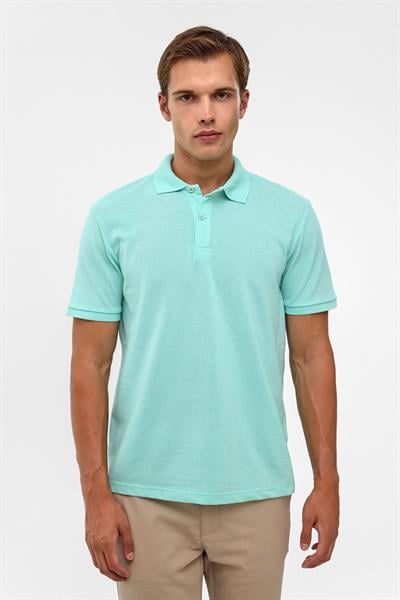 Su Yeşili Regular Armürlü Polo Yaka Tişört