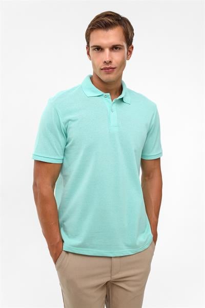 Su Yeşili Regular Armürlü Polo Yaka Tişört