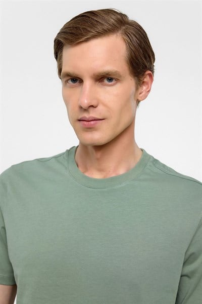 Su Yeşili Regular Düz Bisiklet Yaka Tişört