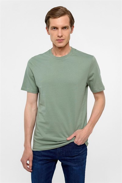 Su Yeşili Regular Düz Bisiklet Yaka Tişört