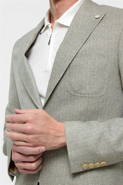 Su Yeşili Slim Fit Desenli Sivri Yaka 6 Drop Ceket