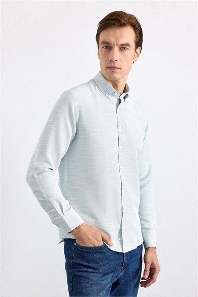 Su Yeşili Slim Klasik Yaka Düz Cepsiz Düğmeli Uzun Kollu Standart Casual Gömlek
