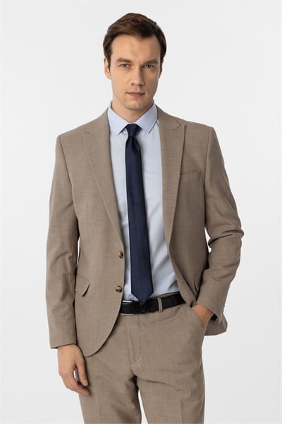 Sütlü Kahve Slim Fit Desenli Sivri Yaka 6 Drop Klasik Takım Elbise