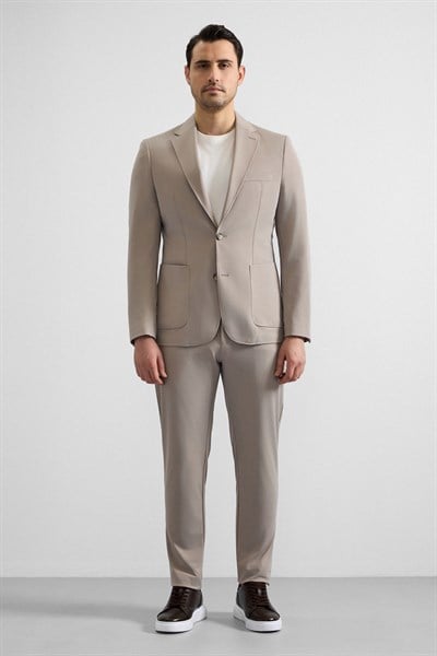 Sütlü Kahve Slim Mono Yaka Düz Torba Cep 6 Drop Spor Takım Elbise