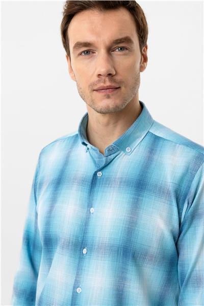 Turkuaz Slim Fit Desenli Düğmeli Yaka Gömlek