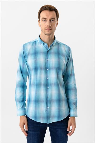 Turkuaz Slim Fit Desenli Düğmeli Yaka Gömlek