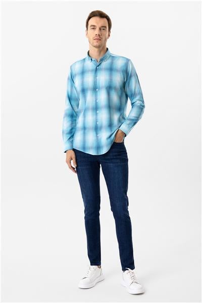 Turkuaz Slim Fit Desenli Düğmeli Yaka Gömlek