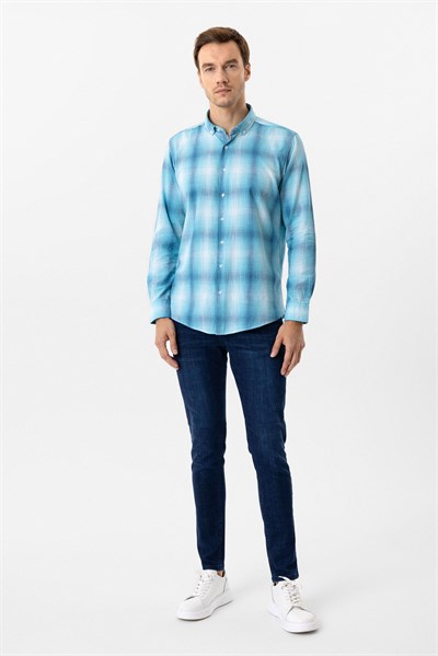 Turkuaz Slim Fit Desenli Düğmeli Yaka Gömlek