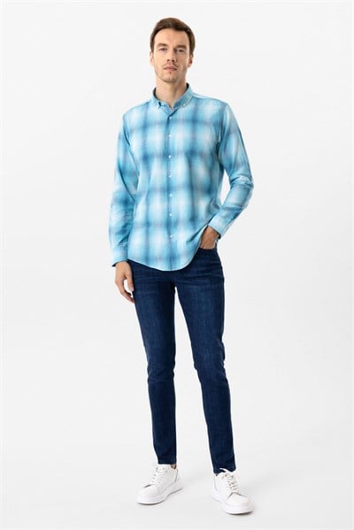 Turkuaz Slim Fit Desenli Düğmeli Yaka Gömlek