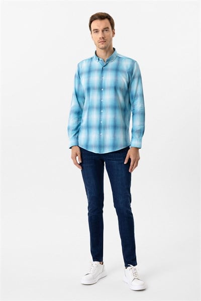Turkuaz Slim Fit Desenli Düğmeli Yaka Gömlek