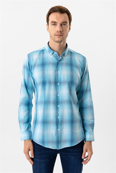 Turkuaz Slim Fit Desenli Düğmeli Yaka Gömlek