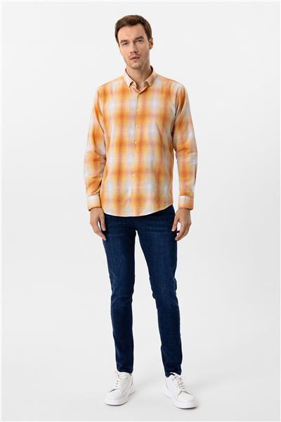 Turuncu Slim Fit Desenli Düğmeli Yaka Gömlek